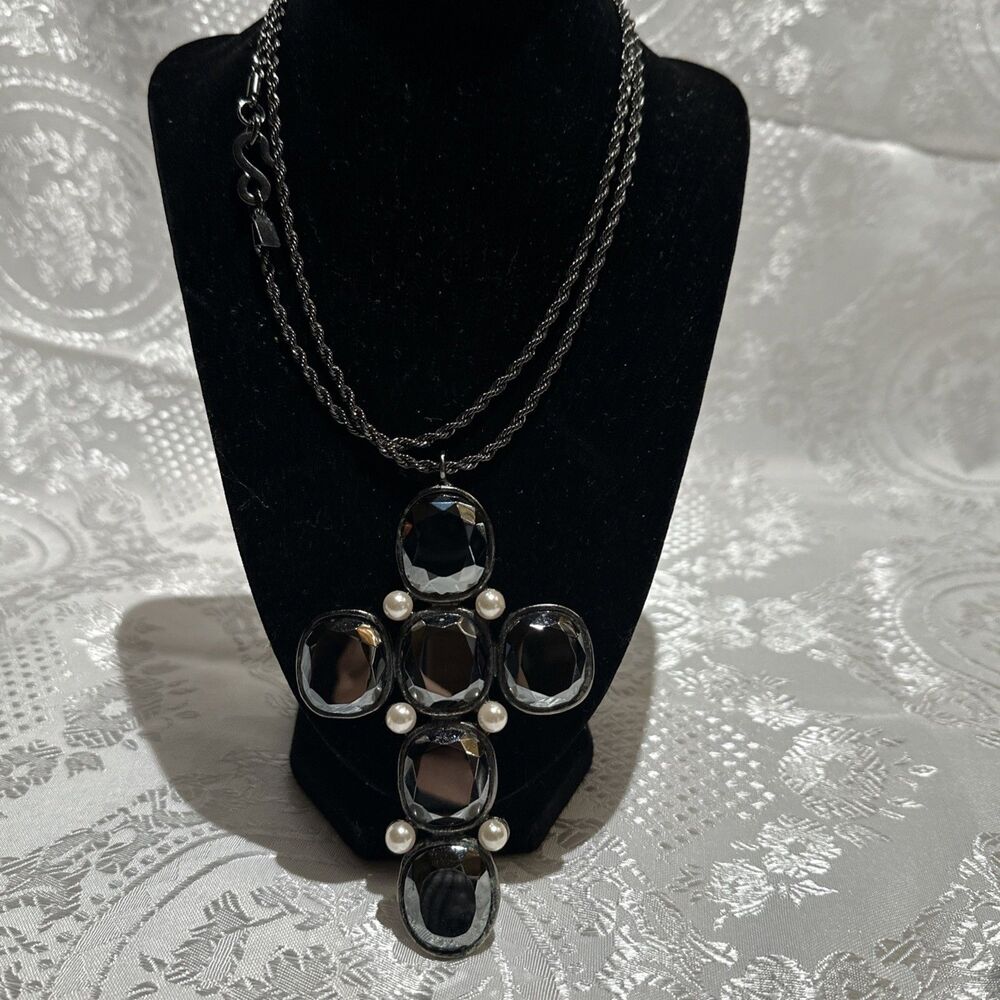 Kenneth Lane Large Black Stone Cross With White Faux Pearls